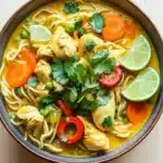 Yellow curry chicken noodle soup - the image is a close-up of a bowl of noodles with chicken and vegetables. the bowl is made of ceramic and has a brown rim. the noodles are white and appear to be thin and fluffy. the dish is garnished with fresh cilantro and lime wedges. there are also chunks of chicken, carrots, peas, and red bell peppers scattered throughout the dish. the broth is a bright yellow color and looks thick and creamy. the background is a light beige color, making the bowl and its contents stand out.