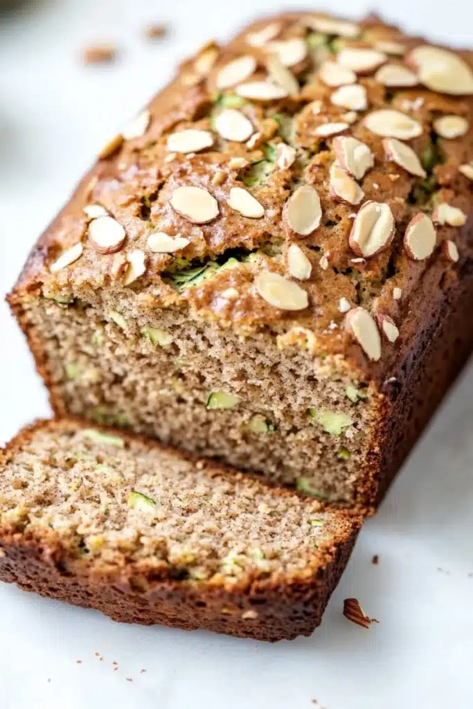 Zucchini bread almond flour - the image shows a loaf of bread with a golden brown crust and a soft, fluffy interior. the bread is topped with sliced almonds, giving it a crunchy texture. the slices are arranged in a way that they are overlapping each other, creating a layered effect. the background is white, making the bread stand out. the overall color scheme of the image is warm and inviting, with the bread being the main focus.