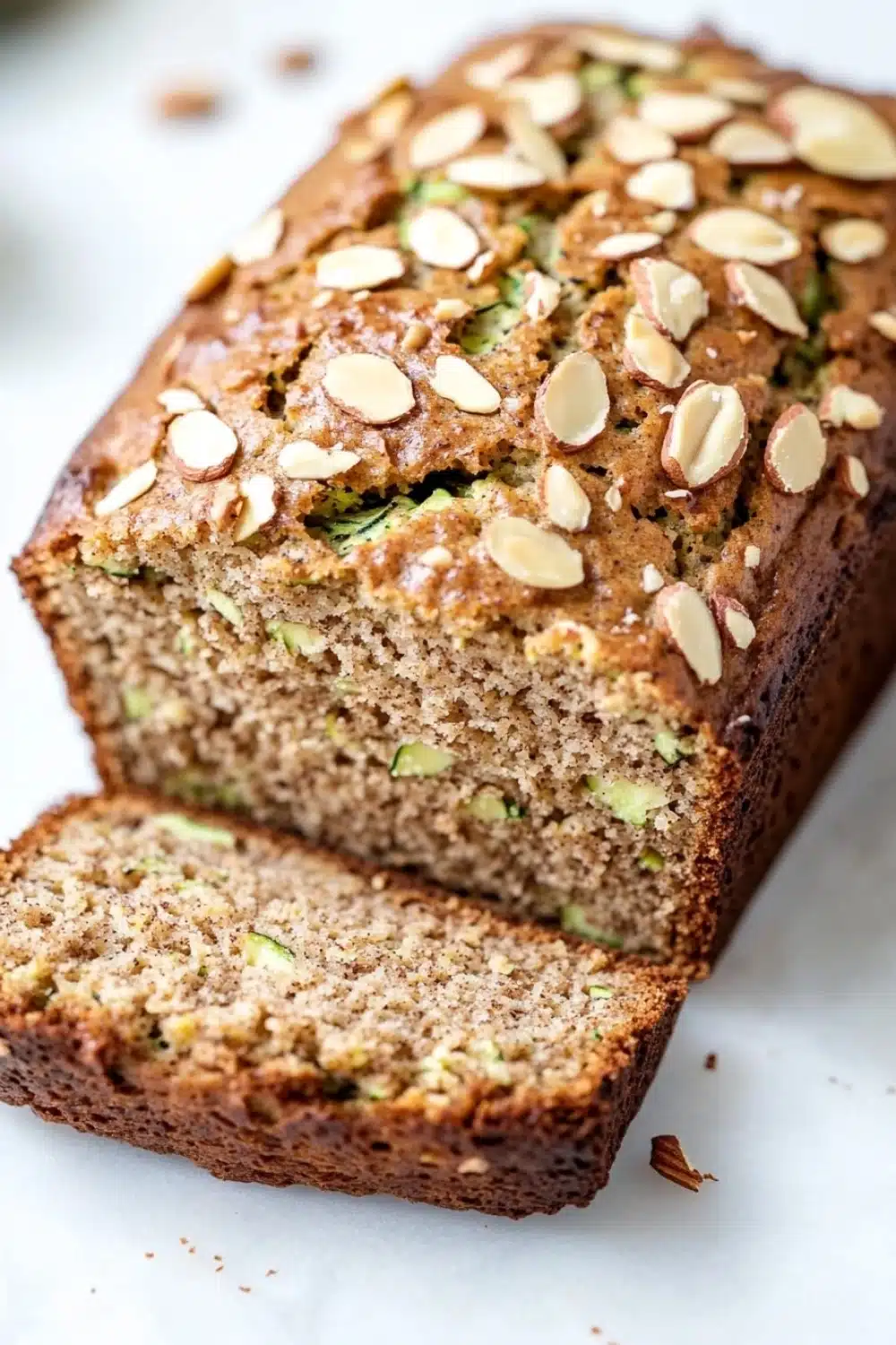 Zucchini bread almond flour - the image shows a loaf of bread with a golden brown crust and a soft, fluffy interior. the bread is topped with sliced almonds, giving it a crunchy texture. the slices are arranged in a way that they are overlapping each other, creating a layered effect. the background is white, making the bread stand out. the overall color scheme of the image is warm and inviting, with the bread being the main focus.