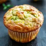 Zucchini lemon muffin - the image shows a freshly baked zucchini muffin on a black slate surface. the muffin has a golden brown crust and is filled with zucchinis and herbs. there are two lemons in the background, one on the right side of the image and the other on the left side. the background is blurred, but it appears to be a kitchen countertop.